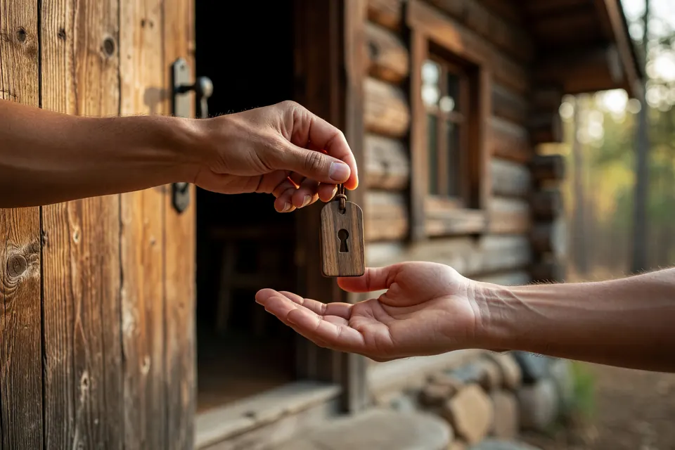 Mãos entregando uma chave com chaveiro de madeira na porta de uma cabana